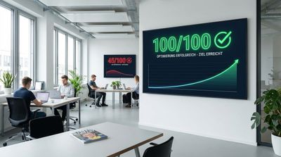Ein digitaler Score-Screen. Zeigt eine große grüne 100/100 an. Daneben ein kleinerer Screen mit rotem Score. Visualisierung von Erfolg durch Optimierung. style: editorial photography, modern office context, minimal design, authentic lighting, 4k