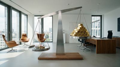 Eine moderne Waage. Auf der einen Seite ein kleines Gewicht "Investition" (Geldstapel), auf der anderen Seite viele Goldbarren "Gewinn". Die Gewinn-Seite wiegt schwerer. Symbolisiert langfristigen Erfolg. style: editorial photography, modern office context, minimal design, authentic lighting, 4k