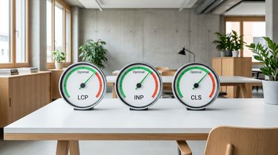 Drei moderne Tachometer-Anzeigen, die im grünen Bereich stehen. Beschriftet mit LCP, INP, CLS. Sauberer, minimalistischer Stil. style: editorial photography, modern office context, minimal design, authentic lighting, 4k