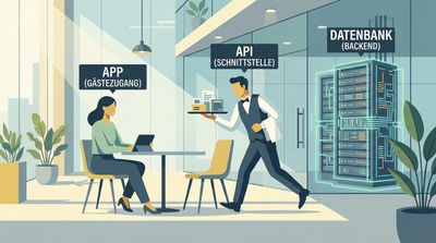 Eine stilisierte Illustration. Ein Gast sitzt am Tisch (App), ein Kellner (API) bringt ein Tablett, im Hintergrund die Küche (Datenbank). Modern, flat design, abstrakte Darstellung. style: editorial photography, modern office context, minimal design, authentic lighting, 4k